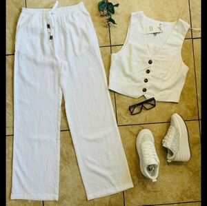 Haute Monde White Drawstring Wide-Leg Pants